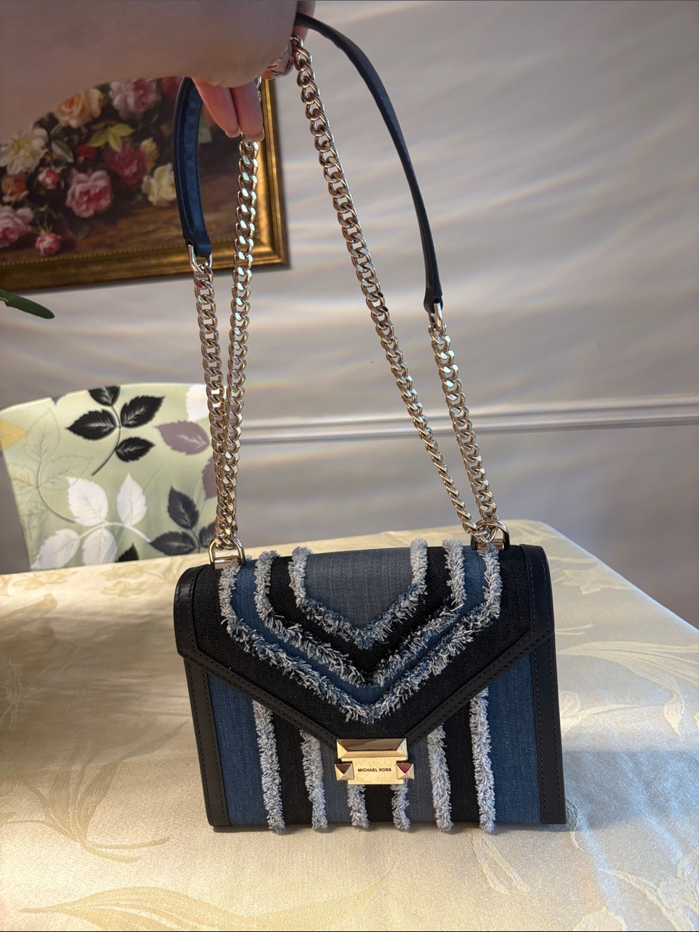 Michael Kors Black and Denim Fringe Chain Crossbody Bag